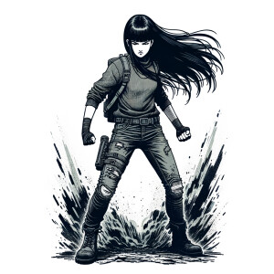 Skinny and thin Asian teen girl wearing skin tight jeans that are worn and frayed, long hair and bangs heroic ready to fight stance