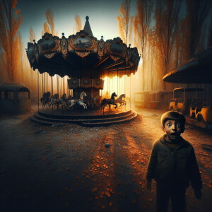 Evening. An abandoned rusty playground. The boy is standing near...