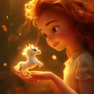 A tiny glowing unicorn, no taller than a teacup, gently trots an...