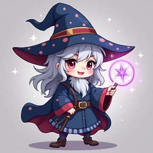 Create an image of a cute anime-style wizard with magical elemen...