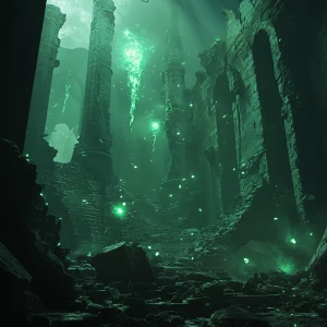 Desolate ruins glowing with soft mystical energy, elemental crea...
