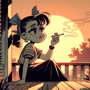 Girl with pigtails smoking a cigarette on the porch.