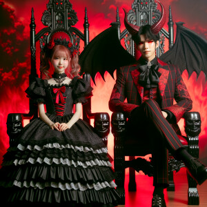 A girl with elegant gothic lolita dress sit beside handsome Luci...