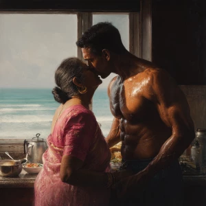 Hyperrealism painting.a muscular sweaty indian  man  standing an...