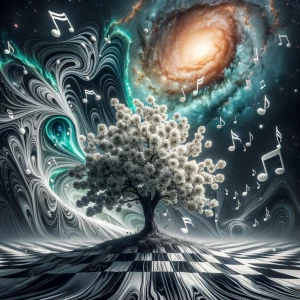 White flowering tree. music notes, glitch, oozing cosmic oily li...