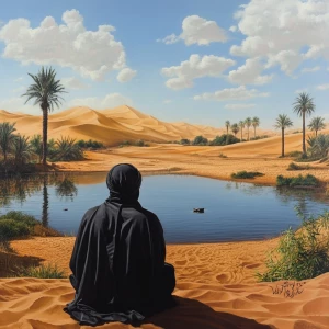 Ein arabischer Mann der eine Jellaba trägt sitzt vor einer Oase...