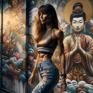 Athletic Thin skinny Attractive, Asian teenage girl, long brown hair and bangs, wearing tight skinny jeans and a halter top paint marks on her clothing, heroic pose Asian graffiti background, rear view