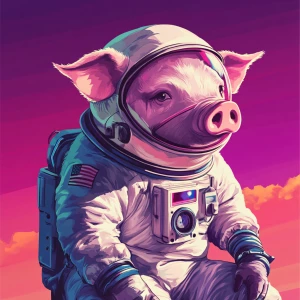 Cute cartoon pig in vintage white spacesuit and NASA style helme...