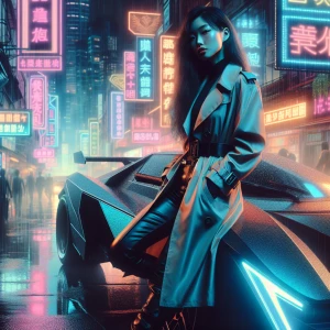 A cyberpunk detective leaning against a futuristic car, their trench coat illuminated by the soft glow of neon signs. The background features a dense, rain-slicked cityscape filled with flickering digital advertisements and a faint mist hanging in the air