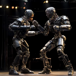 Visualize an intense battle between two humanoid robots, each po...