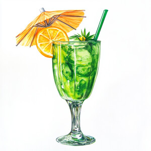 Create an image of a tall, vivid green tropical cocktail, comple...