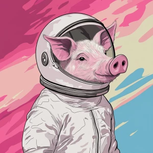Cute cartoon pig in vintage white spacesuit and NASA style helme...