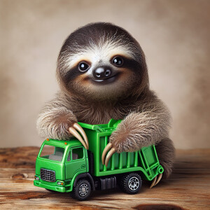 Adorable baby sloth clutching onto a miniature green toy garbage...