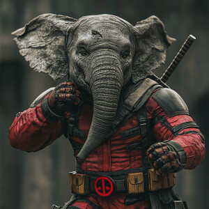 An anthropomorphic elephant  dressed in a fitted Deadpool costum...