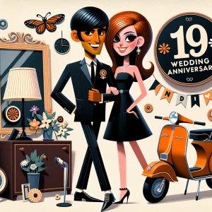 ‘Happy 19th Anniversary!’ Written
A 60s mod vibe with a tan male...