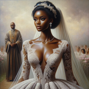 A hyper-realistic oil painting of an African American bride standing gracefully. She has a radiant complexion with a warm, glowing skin
tone. Her hair is styled in an elegant updo adorned with delicate white flowers. The bride is wearing a stunning, intricately detailed lacewedding gown with a subtle shimmer, capturing the light beautifully.The gown features a classic silhouette with a modern twist, including a deep V-neckline and a flowing train. She is also wearing a delicate pearl necklace and small, elegant earrings that add a touch ofsophistication. The background is a soft, romantic blur of pastelcolors, enhancing the focus on the bride and her exquisite bridal
attire. The painting should exude elegance, capturing the rich textures and vibrant details characteristic of oil paintings, with a particular emphasis on the fabric of the dress, the hairstyle, and the subtle a African-American Jesus Christ is in the background looking on