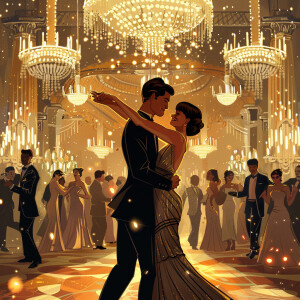 Create a detailed cartoon illustration of a glamorous couple in...