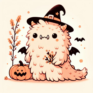 Craft a depiction of a charming monster with Halloween motifs, r...