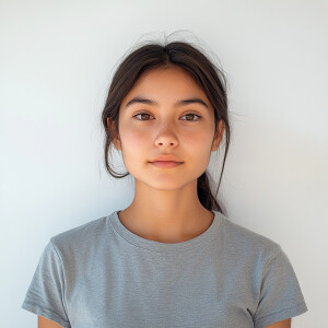 Portrait of a cute 21-year-old woman with a clean face, reflecti...