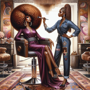 An airbrush-style oil painting depicting an interior salon scene...