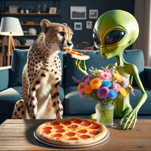 Cheetah, in living room eating pizza with a alien and sharing fl...