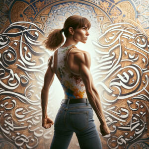 Athletic Thin skinny Attractive, Asian teenage girl, long brown hair and bangs, wearing tight skinny jeans and a halter top paint marks on her clothing, heroic pose Asian graffiti background, backside view