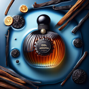 a bottle of perfume lying on blue water. On the perfume bottle,...