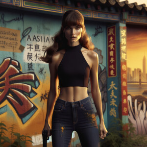 Athletic Thin skinny Attractive, Asian teenage girl, long brown hair and bangs, wearing tight skinny jeans and a halter top paint marks on her clothing, heroic pose Asian graffiti background, backside view