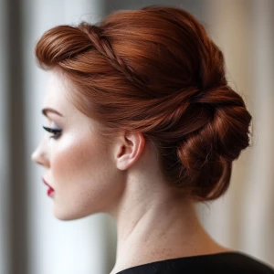 a woman, look to the camera, close up photo, French Twist Hairst...