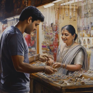 Realistic painting 1:1,A muscular, perspiring man is in a Jaipur...