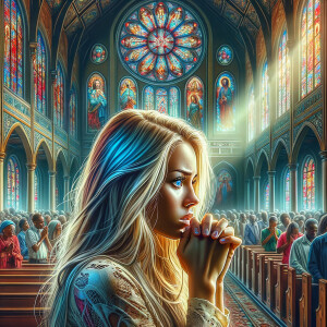 Create a realistic airbrushed illustration of a woman with long, blonde hair and huge blue eyes, praying at the altar in a church. The church is filled with an African-American congregation, adding to the diverse and spiritual atmosphere. The interior of the church features a beautiful stained glass window that casts colorful light throughout the space, enhancing the spiritual ambiance. The setting is serene and filled with a sense of community and faith, capturing the moment of prayer in a sacred environment. Ensure the illustration is detailed, with attention to the expressions of devotion and the intricate designs of the church interior, in a heavily HDR style at 300 dpi.