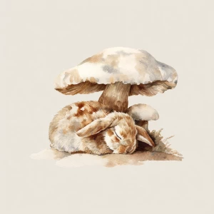 Sleeping rabbit curled up under protective mushroom, dreamy wate...