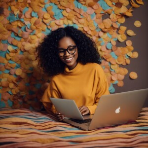black women with lone black wavy hair wearing glasses, bright sm...