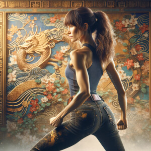 Athletic Thin skinny Attractive, Asian teenage girl, long brown hair and bangs, wearing tight skinny jeans and a halter top paint marks on her clothing, heroic pose Asian graffiti background, backside view