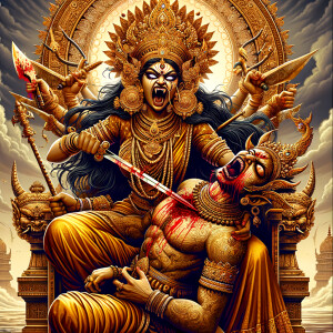 portrait of angry looking goddess durga sitting on a gold crown...