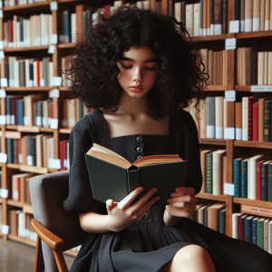 تصویر یک دختر مو فرفری مشکی با چشمان مشکی که لباس سرمه ای پوشیده...