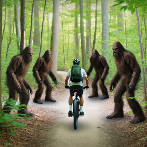 Mountain biker encounters multiple Sasquatch creatures on a trai...