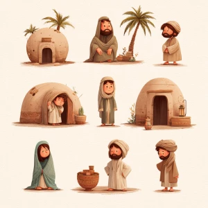 Create a cartoon-style illustration set in 7th-century Madinah....