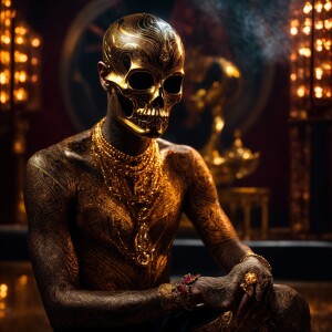 An extraterrestrial being with intricate tattoos adorning its go...