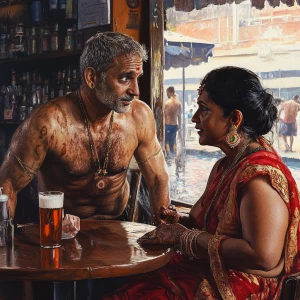 Photorealism.a  muscular sweaty man standing and talking  with h...
