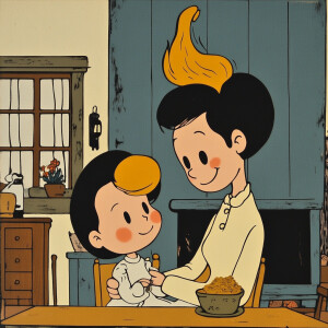 Father and mother in their home, near their child, whose hair is...