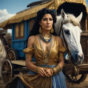 goache painting of a realistic gypsy middle aged woman, with gol...