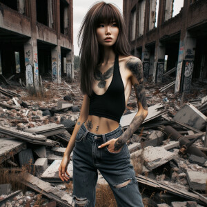 Thin Asian teen girl wearing tight jeans and a halter top Long brown hair and bangs, tattoos on her arms, athletic heroic pose