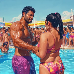 Create a digital art piece depicting a vibrant pool party at a N...