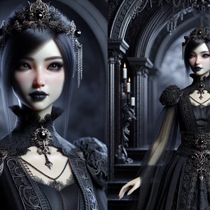 a beautiful girl in Gothic dress, doll-like face, mysterious but...