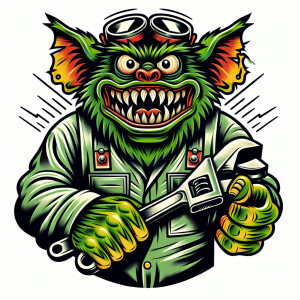 A  green rat fink in a mechanics jumpsuit holding a wrench in a...