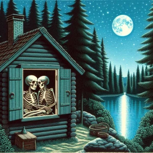 A skeletal couple in a romantic embrace inside a cozy forest cab...