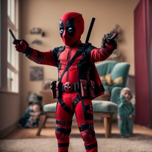Wearing a deadpool fitted suit, pointing at a baby Wearing a fit...