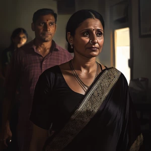 Create a digital art piece depicting a 54-year-old Gujarati hous...