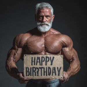 A muscular bodybuilder with silver hair and a beard, holding a s...
